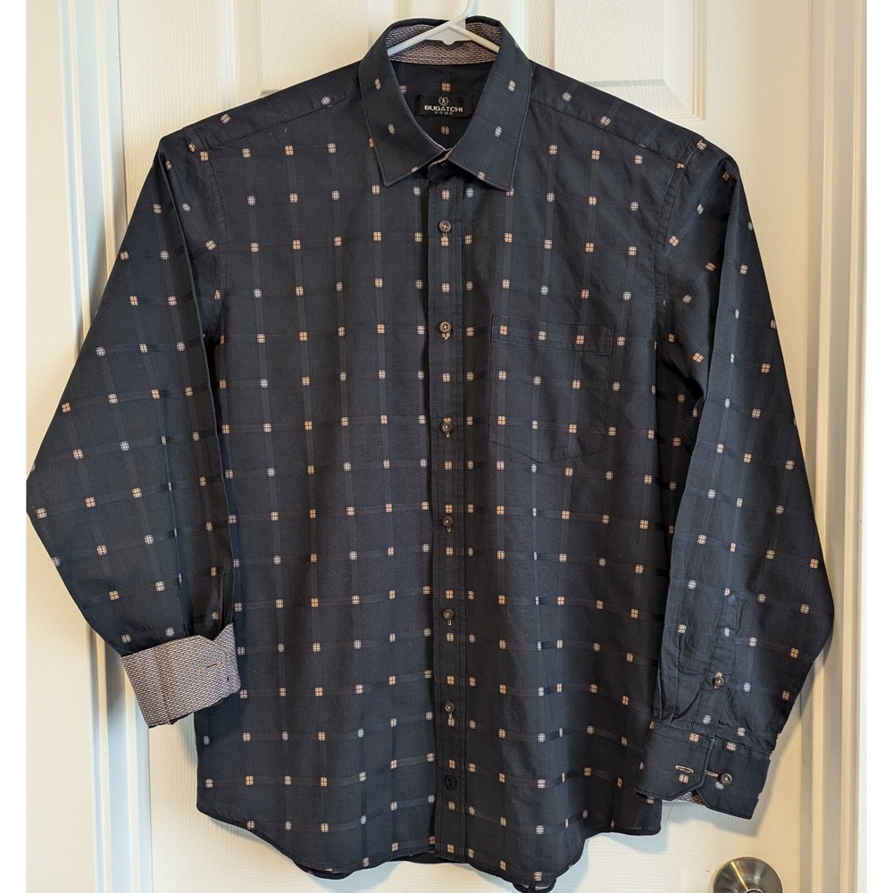 Bugatchi Uomo Men's XL Black Tan Button Up Shirt Flip Cuff Contrasting Collar